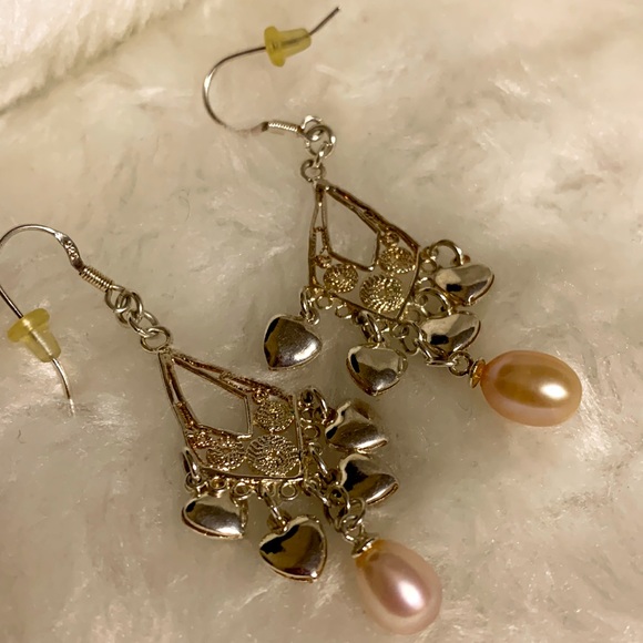 💝Sterling Silver 925 Chandelier Heart Earrings Pale Pink Pearl - Picture 4 of 5